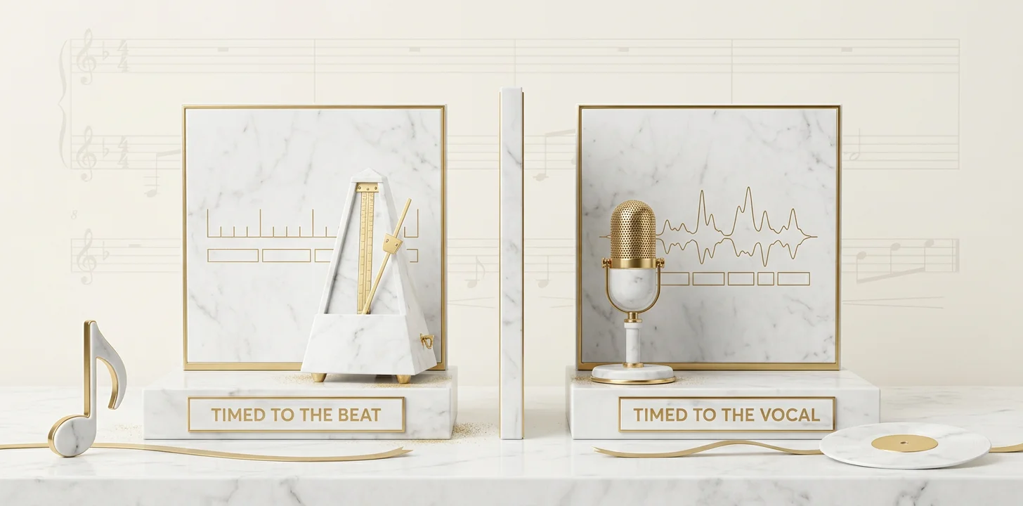Lyric text timed to the beat grid versus timed to the actual vocal onset, the difference between karaoke bounce and a synced caption