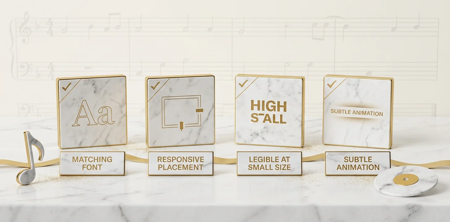 Four design principles for lyric video type and placement: matching font, responsive placement, legibility, and subtle animation
