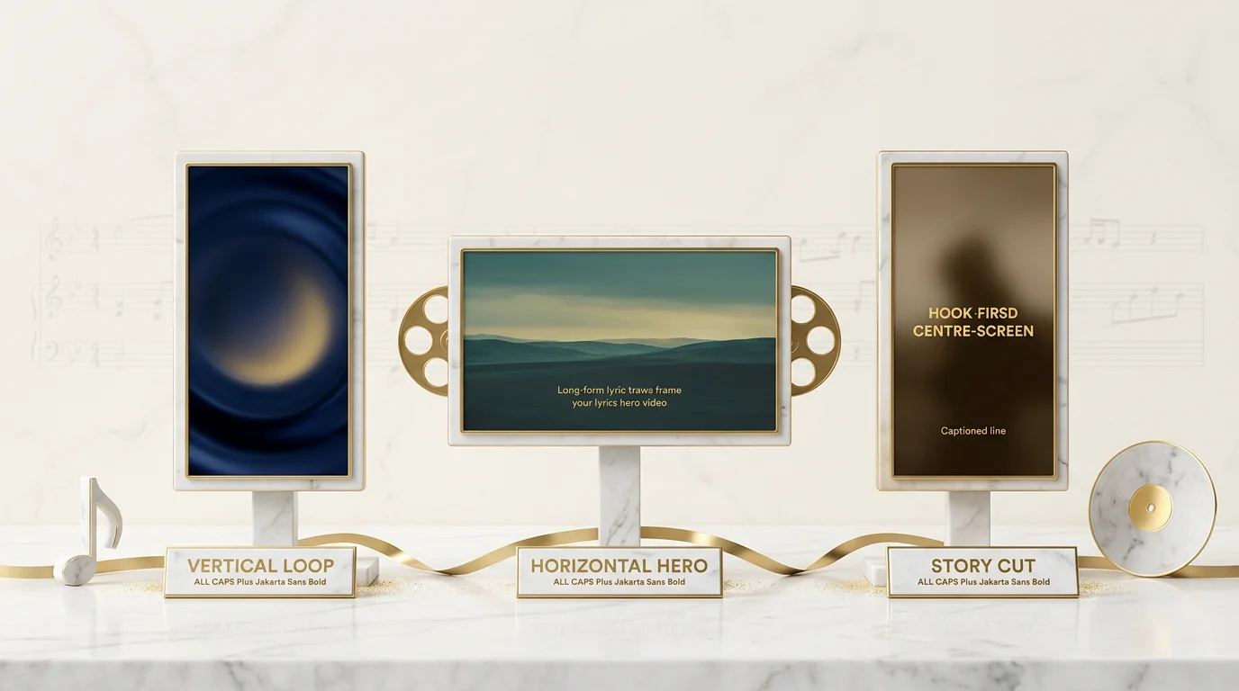 Three lyric video formats compared: Spotify Canvas vertical loop, horizontal hero cut, and square story style for Reels and Shorts