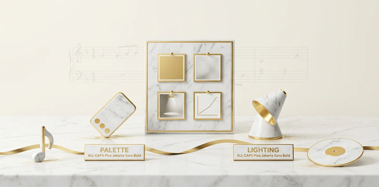 The six categories of a music video mood board shown as a marble pin board diorama