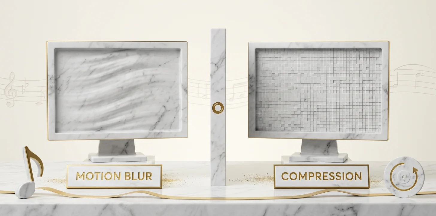 Two distinct causes of a blurry AI music video: motion blur from the prompt versus platform compression after upload