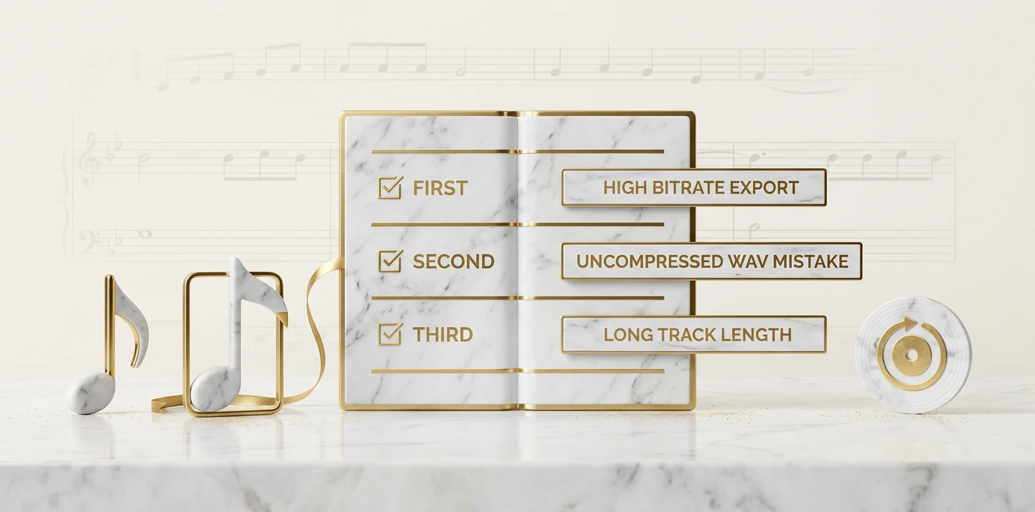 Checklist of the three most common causes of an MP3 file too large to upload: high bitrate export, uncompressed WAV mistake, and long track length