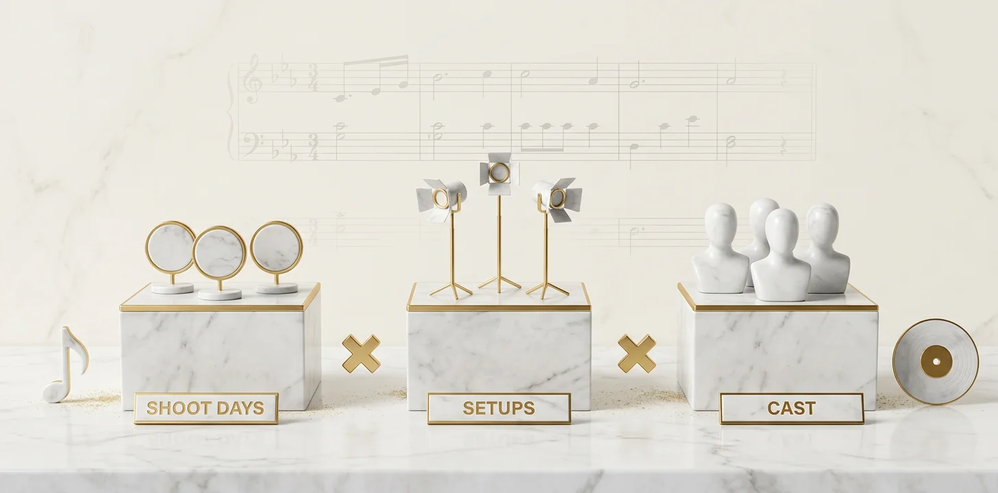The three variables that drive music video production cost: shoot days, setups and cast size