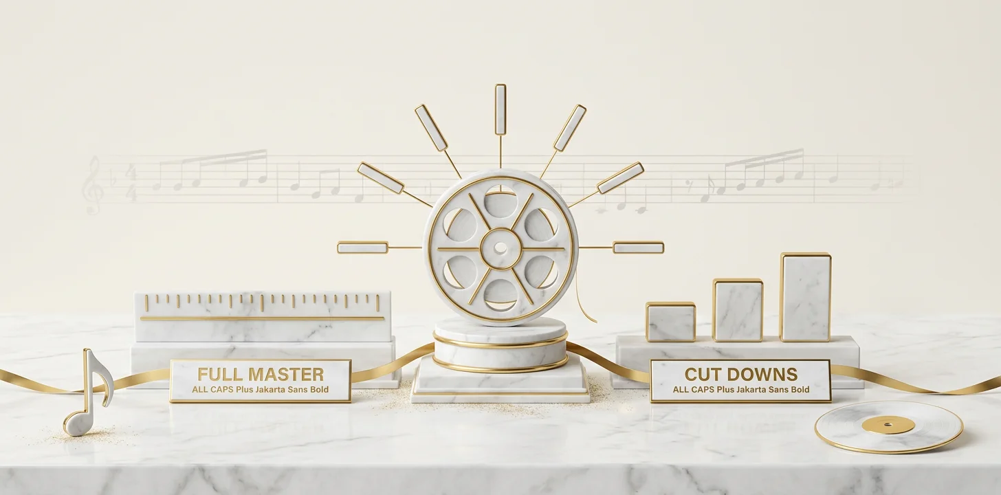 Producing every music video length from one master shown as a marble hub and spokes diorama
