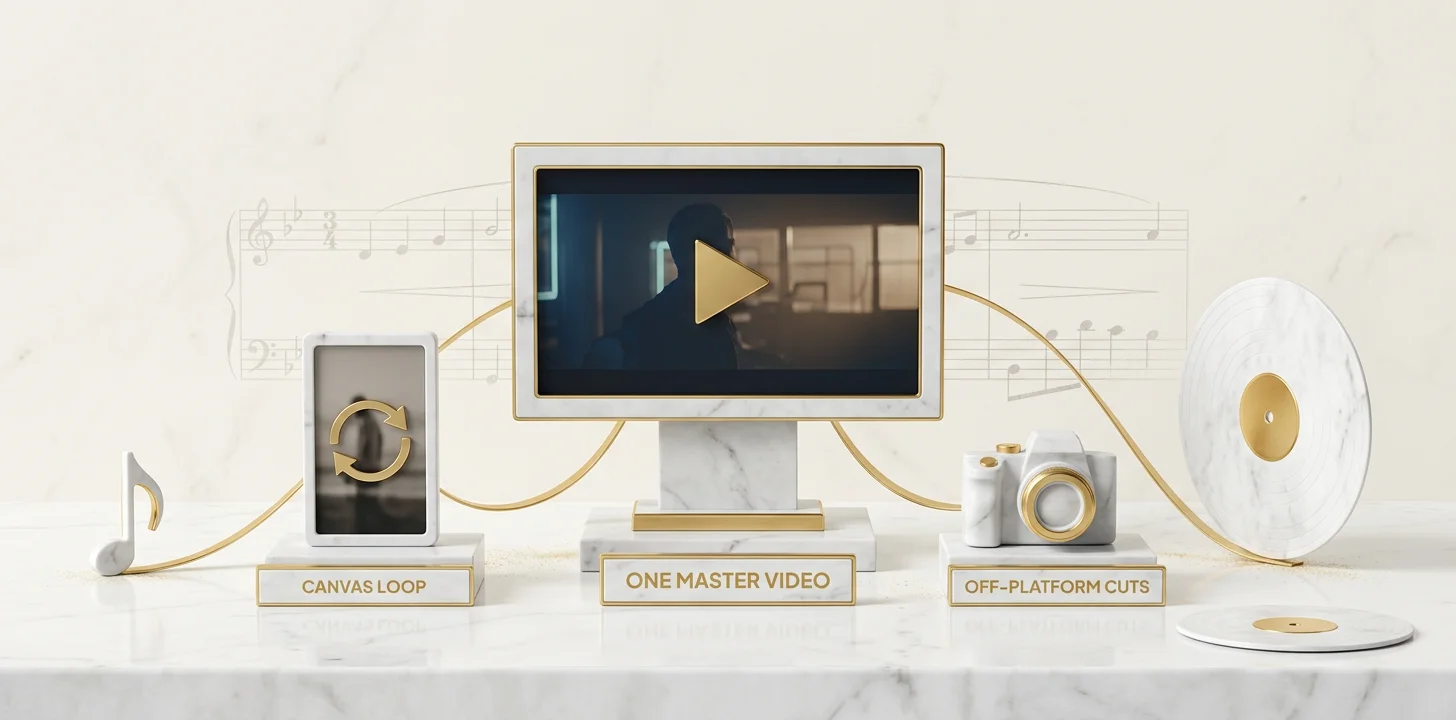 Une vidéo musicale principale se ramifiant en une boucle Spotify Canvas et en découpes hors plateforme qui dirigent un auditeur vers un stream