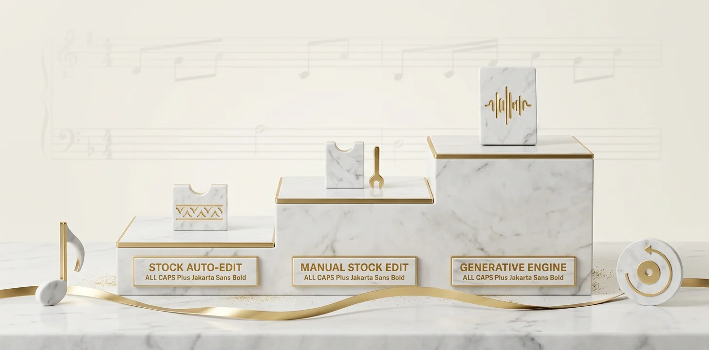 Originality and control tiers from stock auto-edit tools to a generative music video engine
