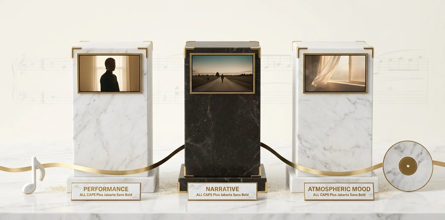 Performance, narrative, and atmospheric mood formats compared for singer songwriter videos