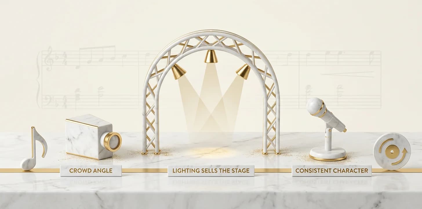 Lighting, camera angle, and consistent character cues for a performance music video