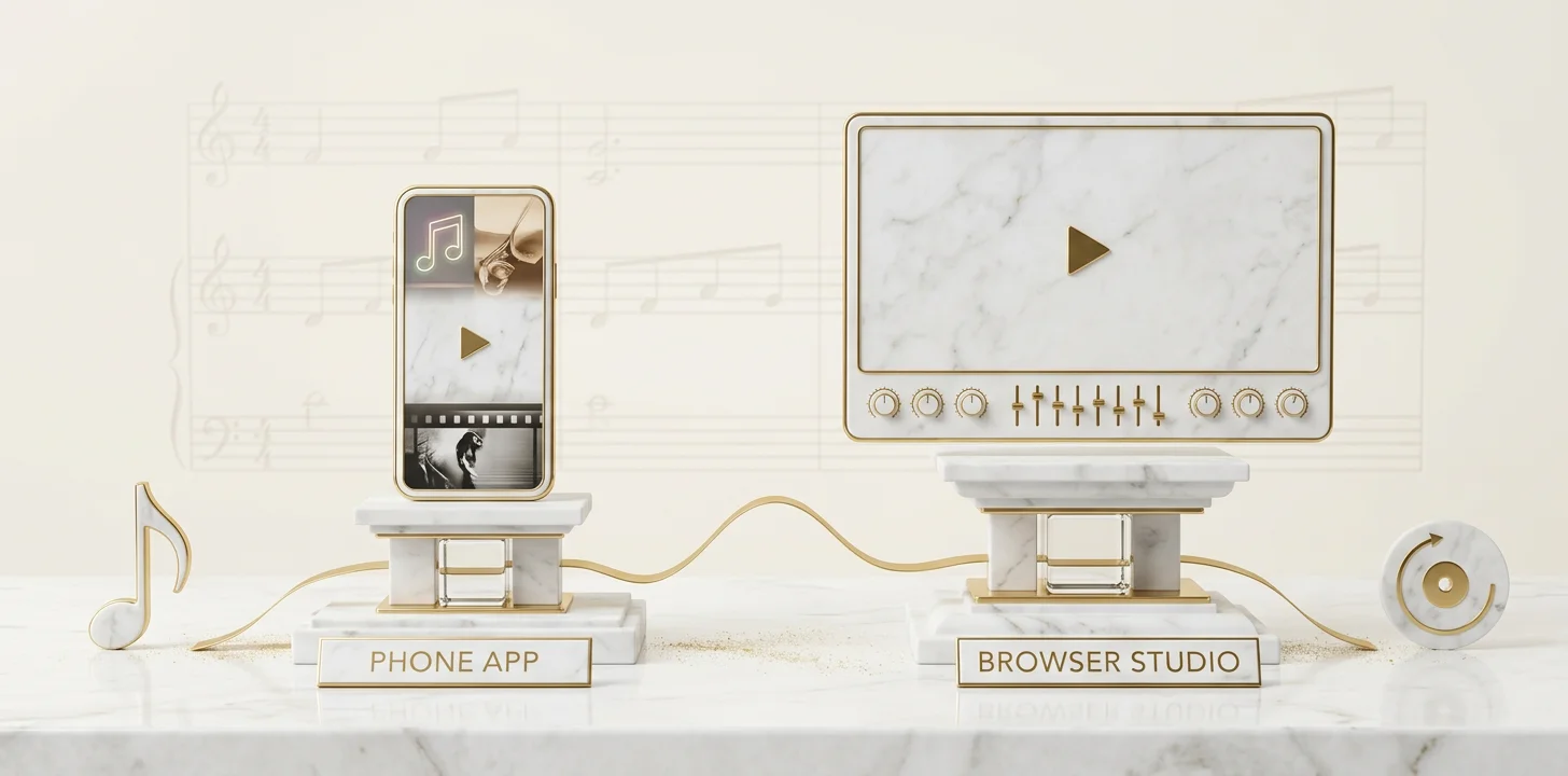 Phone-first AI music video app next to a full browser studio workflow, comparing speed against scene-level control
