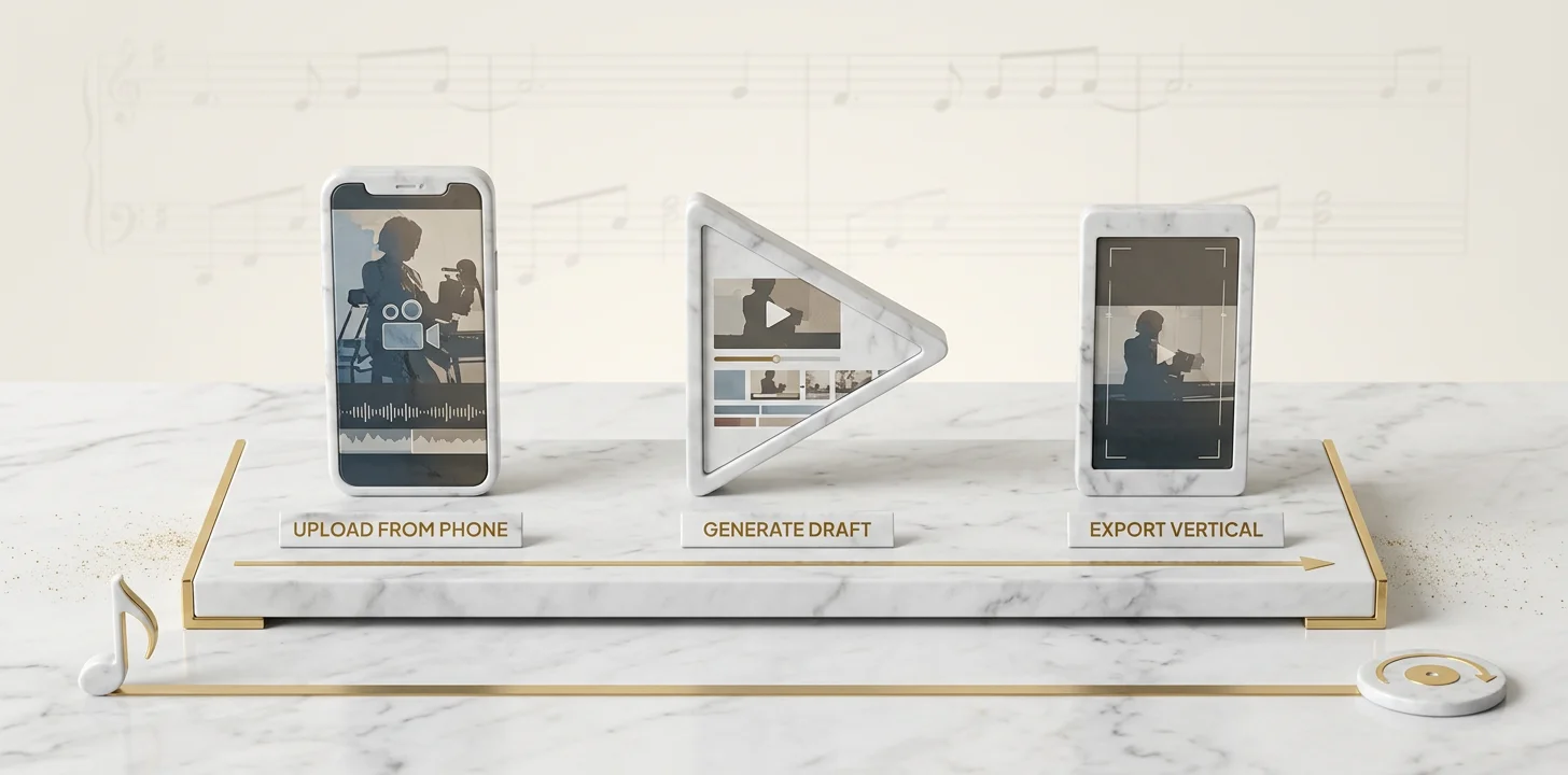 Three-step phone workflow: upload song, generate draft, export vertical video