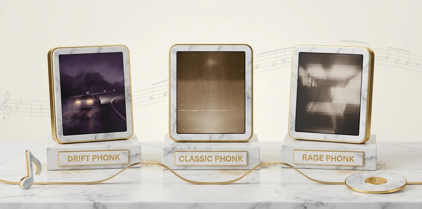 The phonk and drift phonk music video visual codes shown as restrained marble screen tiles