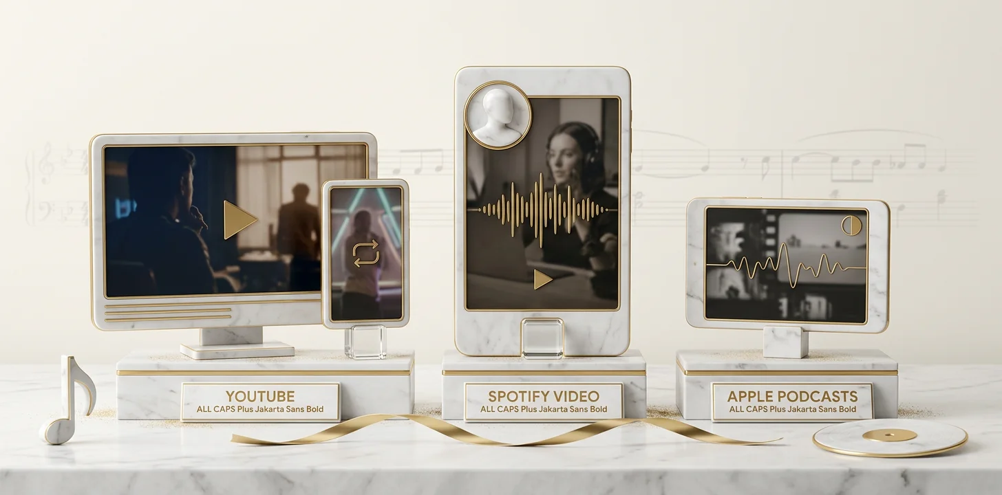Trois surfaces plateforme du visualiseur de podcast : YouTube, Spotify Video, Apple Podcasts