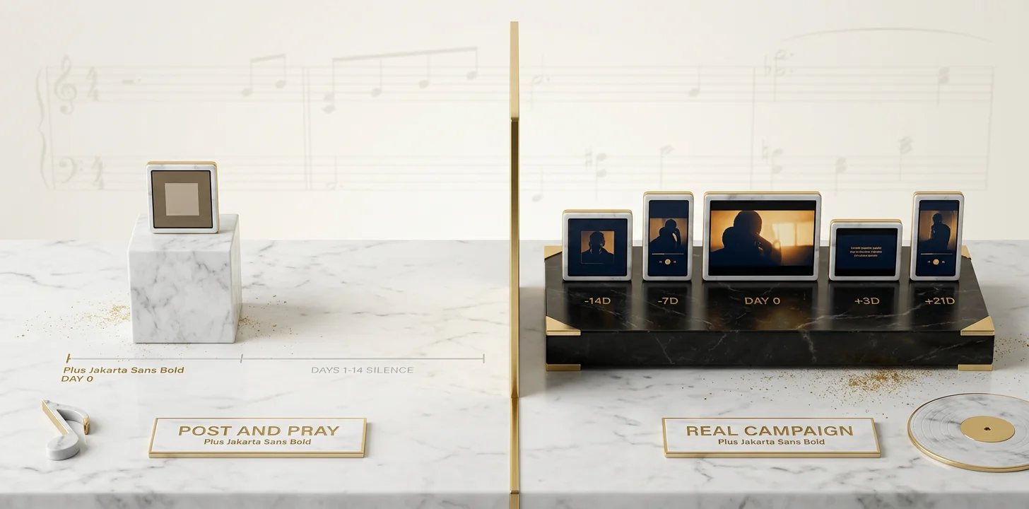Side by side: post and pray with one cover and one post versus a real campaign with hero plus Canvas plus lyric video plus short form plus 21 day loop