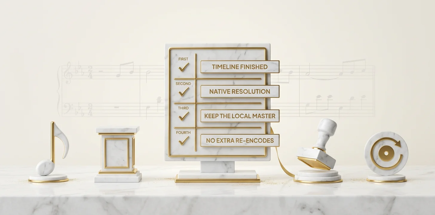 Four-item pre-export checklist plaque: finished timeline, native resolution, keeping the local master, and avoiding extra re-encodes