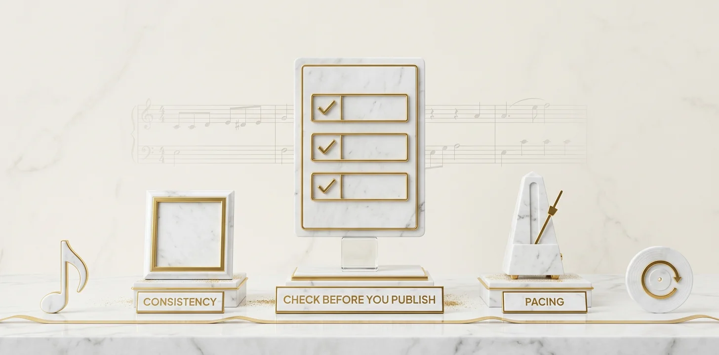 Pre-publish checklist catching consistency and pacing errors in a music video