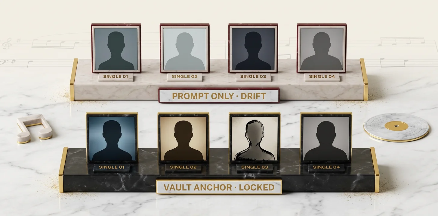 Prompt only versus character anchor across four releases: generic AI tools sample a fresh face every release, while the Echonos Vault keeps the same artist locked across Cinematic Realism, Stylized 3D, Anime Shonen, and Neutral art style presets