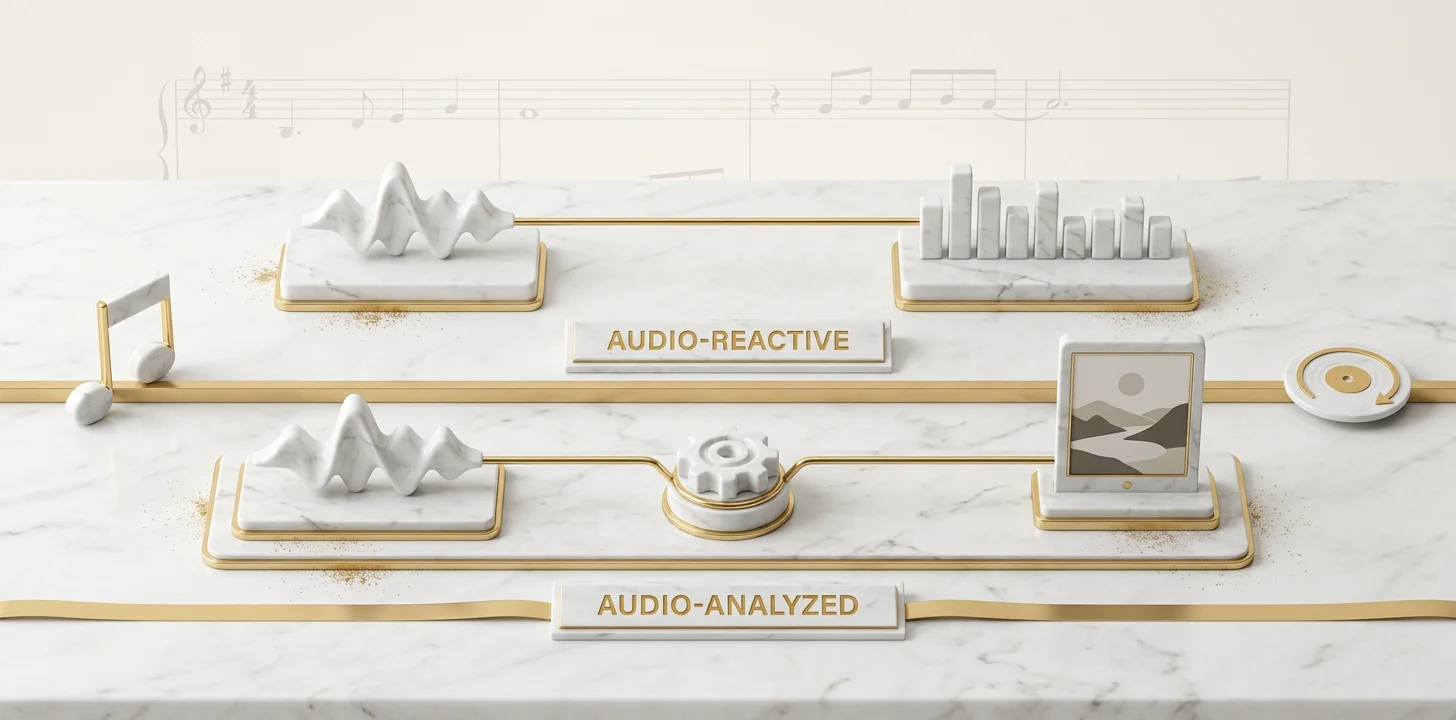 Audio-reactive signal path compared with an audio-analyzed signal path for video generation