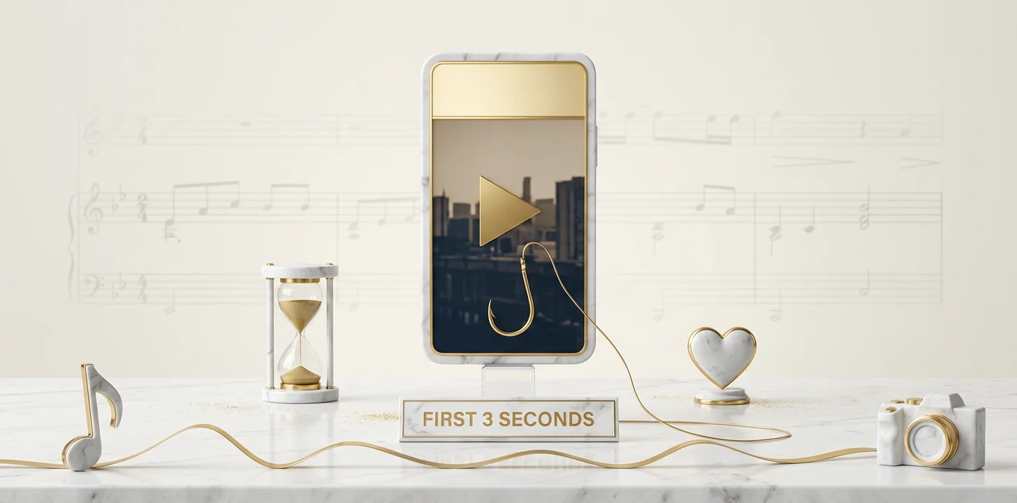 The tight first-three-seconds hook window on Instagram Reels shown as a marble tablet with a gold hook