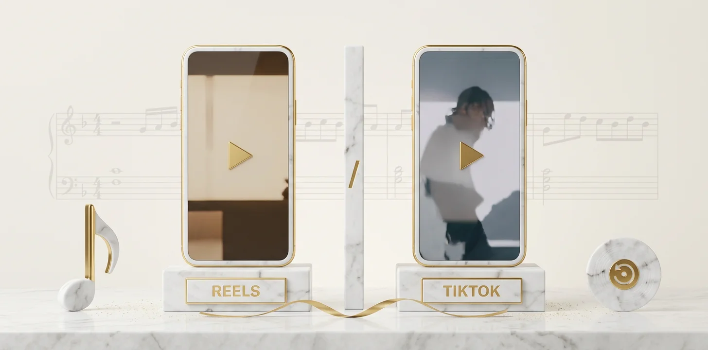 A Reels cut versus a TikTok cut shown as two marble and gold vertical tablets side by side