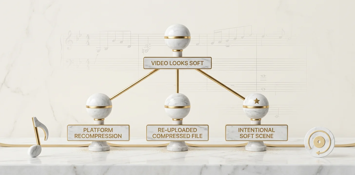 Decision tree diagnosing a soft-looking music video as platform recompression, a re-uploaded compressed file, or an intentional soft scene