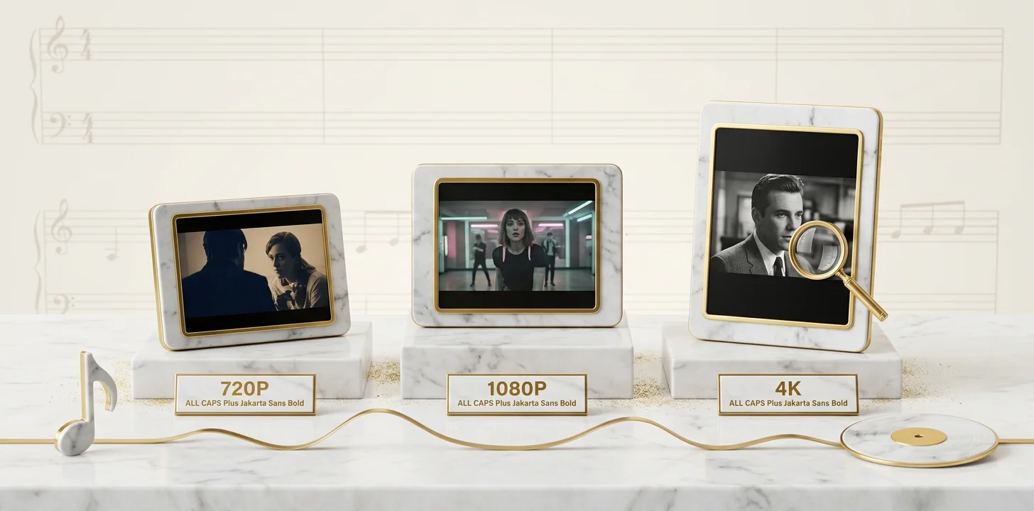 The ai music video resolution tiers 720p 1080p and 4k shown as ascending marble tablets