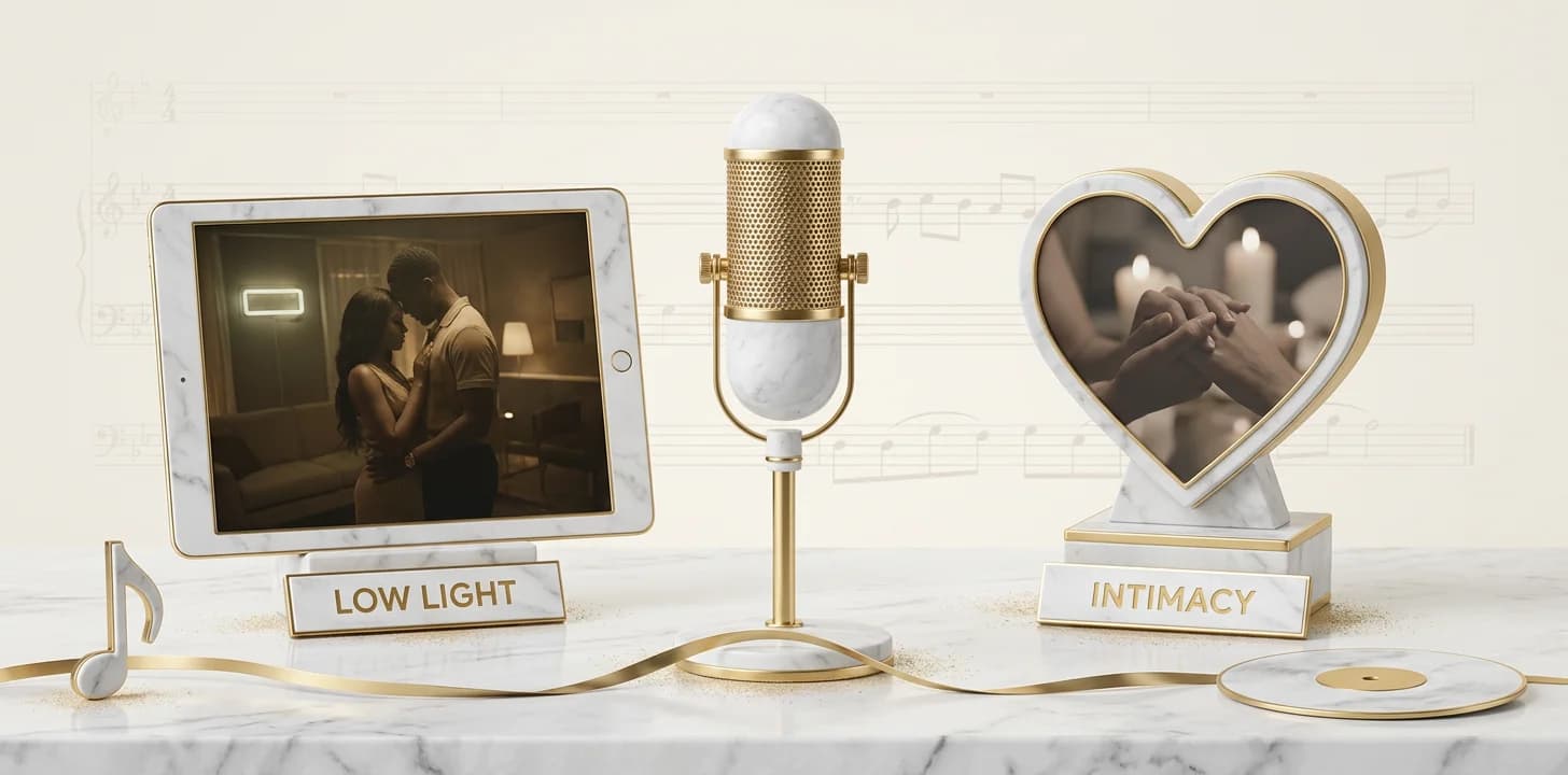 The shared modern rnb visuals codes of mood and intimacy shown as a marble and gold diorama