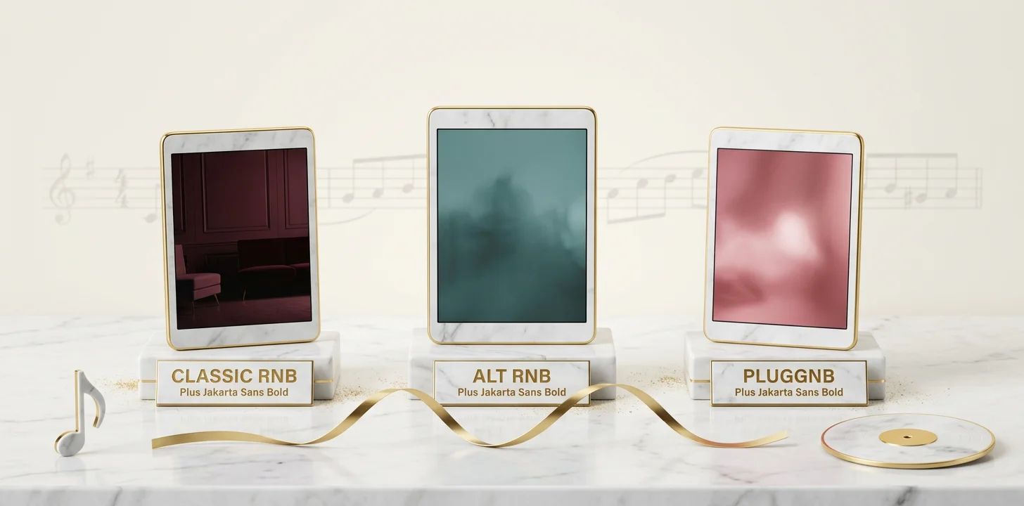 The r&b music video aesthetic sub-styles alt rnb and pluggnb shown as restrained marble screen tiles