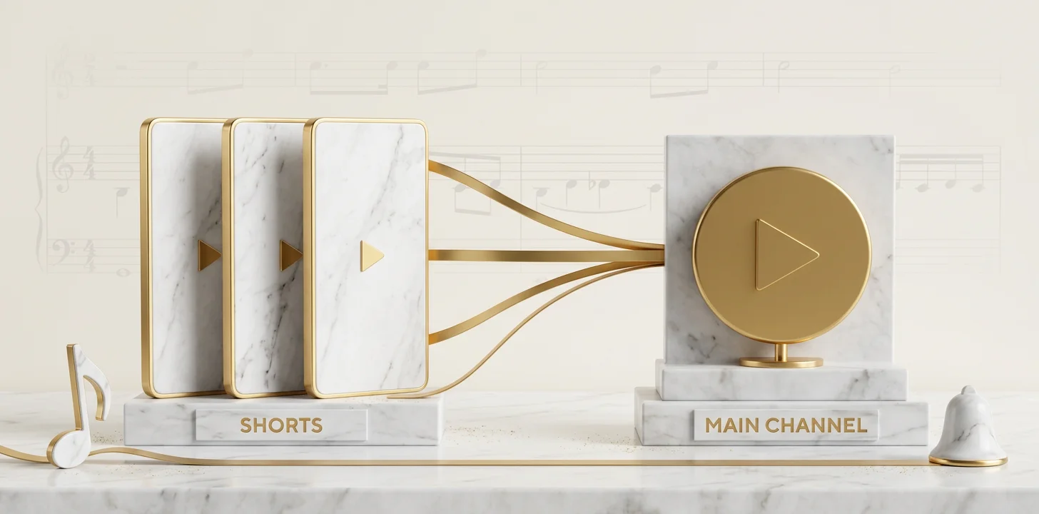 YouTube Shorts funnelling viewers into the main channel shown as marble tablets and gold ribbons