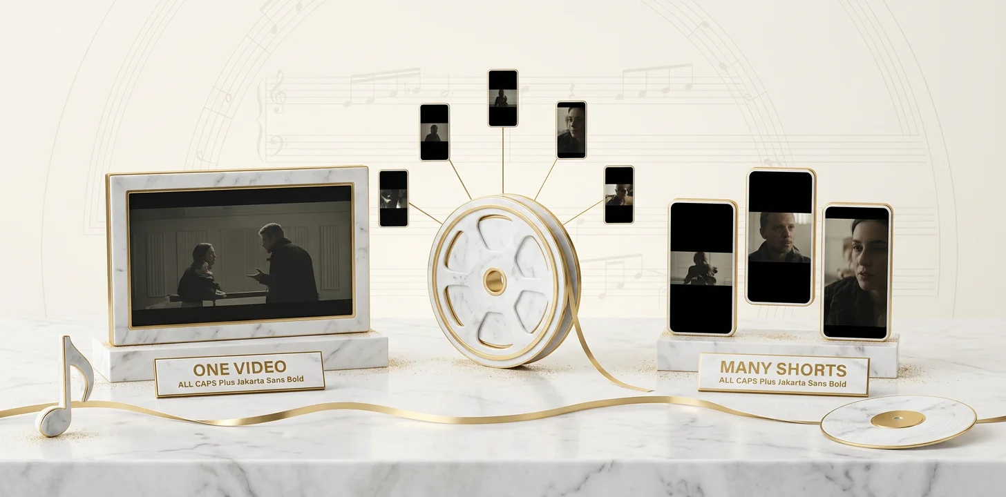 The youtube shorts music video cuts from one master shown as a hub and spokes marble diorama