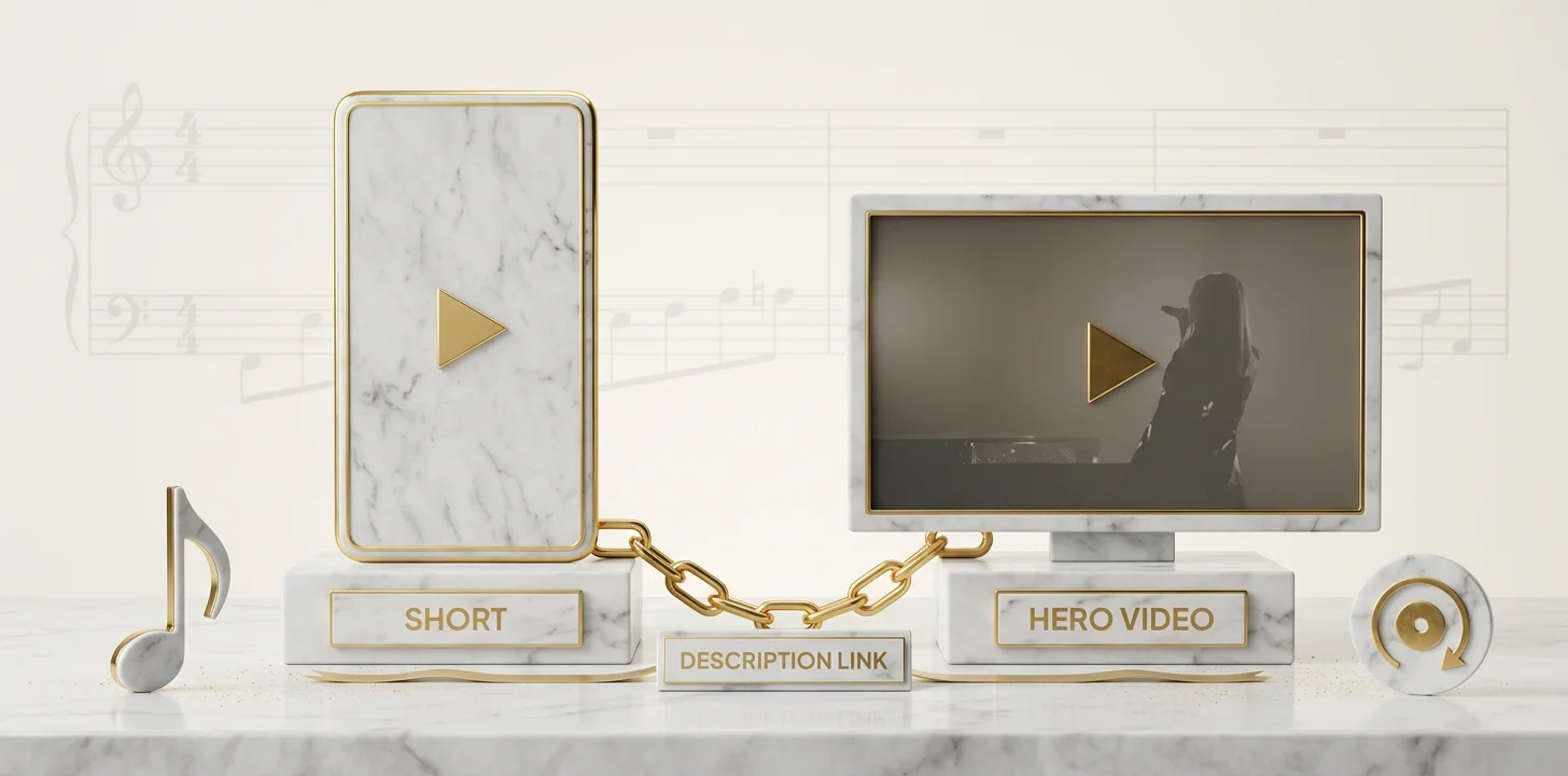 The YouTube Shorts description-link mechanic shown as a gold chain connecting a Short to the hero video in marble and gold