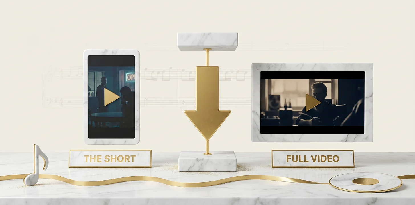 The youtube shorts funnel mechanic linking a short to the long-form video shown as a marble two-tier diorama