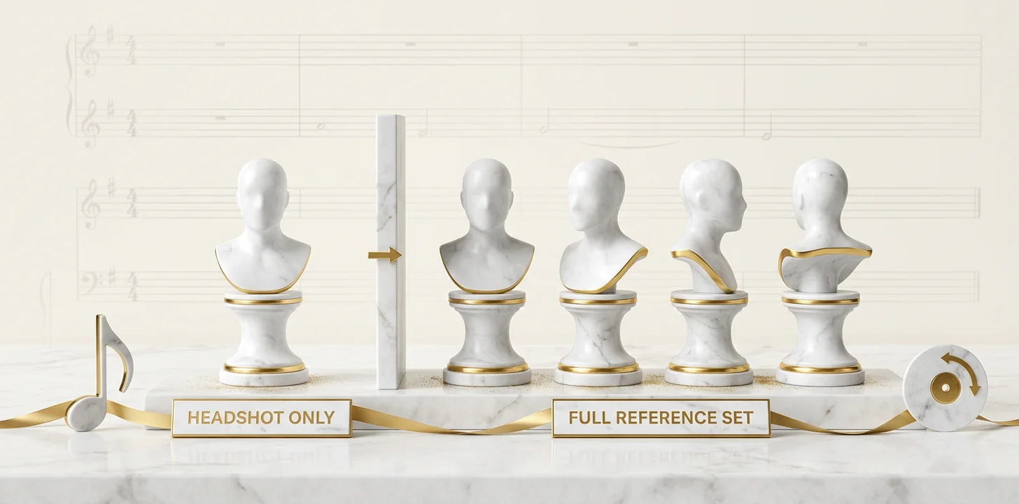A single headshot reference compared against a full four-angle reference set used to stop faces from morphing in AI video
