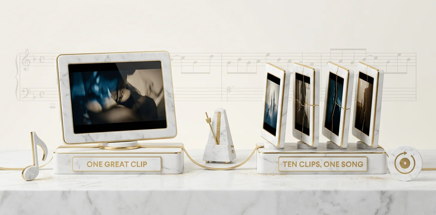Comparison of one high-quality generated clip against several disconnected clips that still need beat-synced stitching into a music video