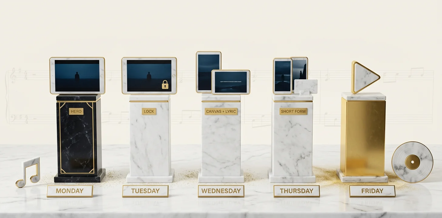 Small label release week schedule: day by day visual production workflow from concept lock to Friday distribution