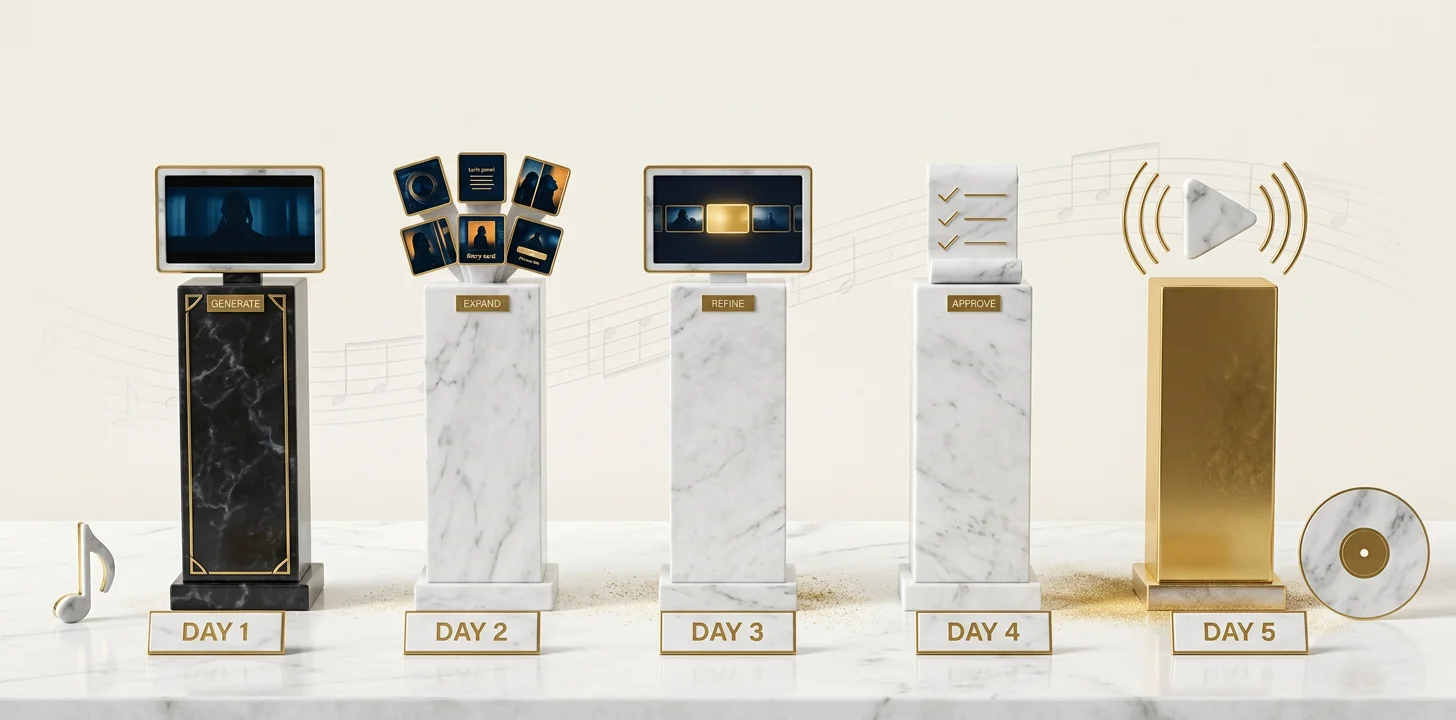 Five-day production rhythm — generate the hero on Day 1, expand the derivative kit on Day 2, refine in Studio on Day 3, approve and export on Day 4, schedule and distribute on Day 5