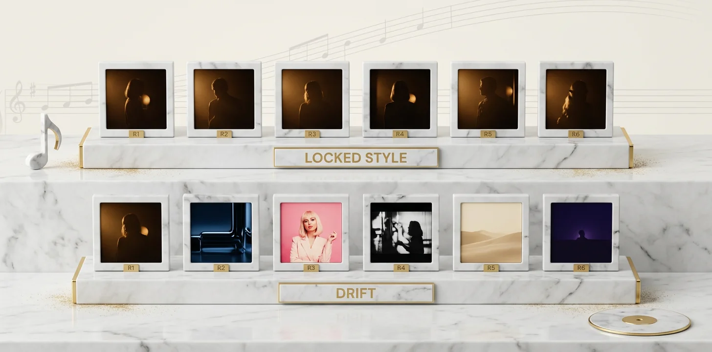 A six release catalog comparing locked style — recognition compounds — versus drifting style where recognition resets each release