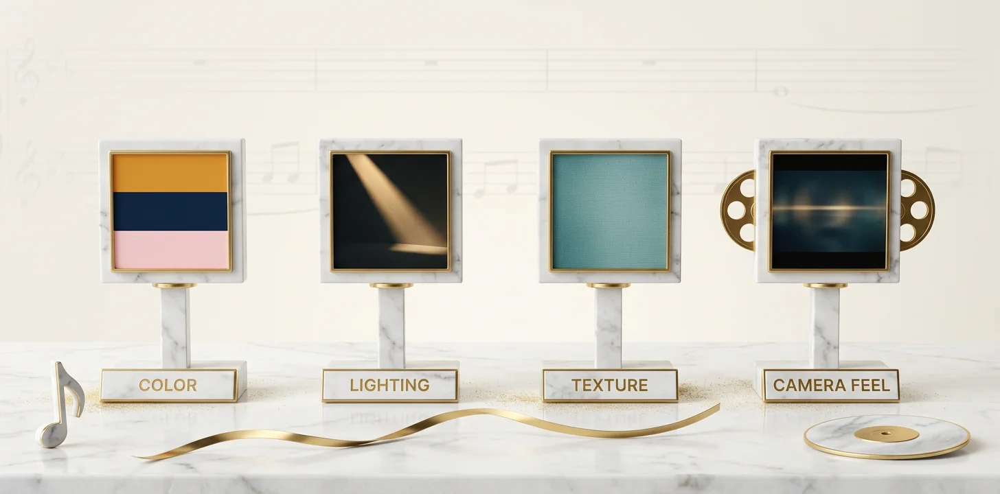 Four dimensions a style lock controls — color, lighting, texture, and camera feel — across three preset examples