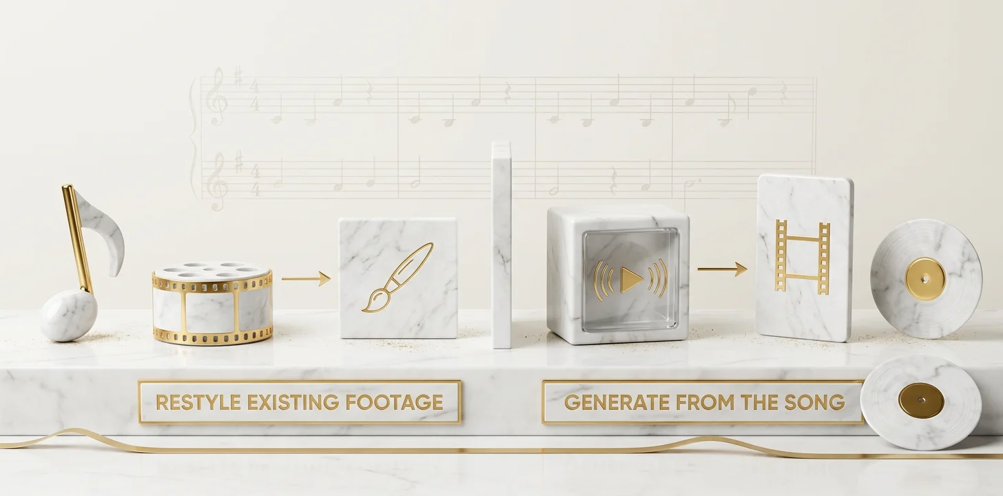 Style-transfer restyling of existing footage compared against generating a music video directly from a song