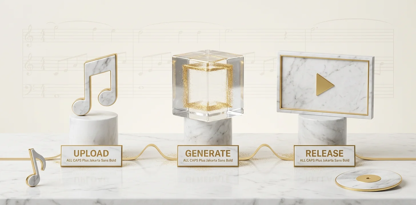 The workflow to make a music video from a suno song shown as marble step stations