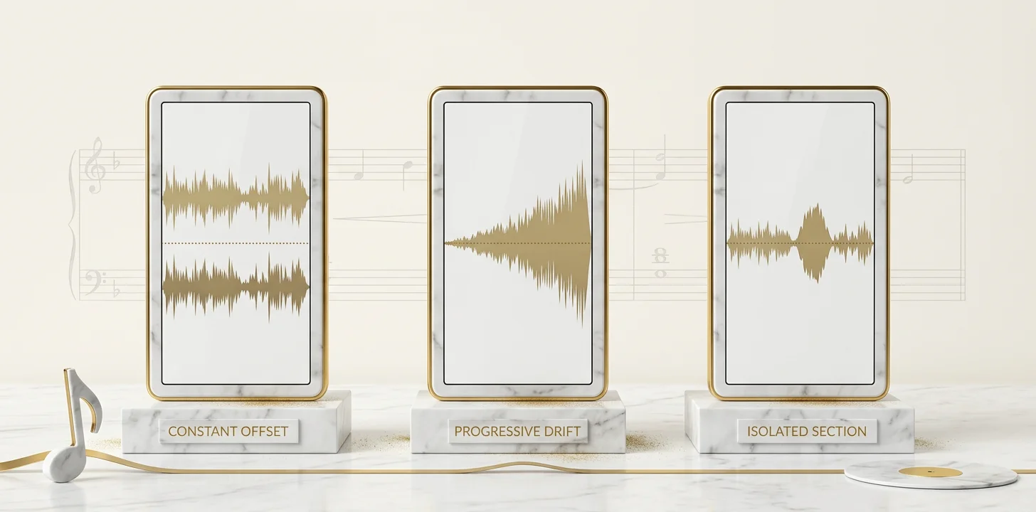 The three sync drift patterns in an ai music video out of sync: constant offset, progressive drift, and isolated section drift