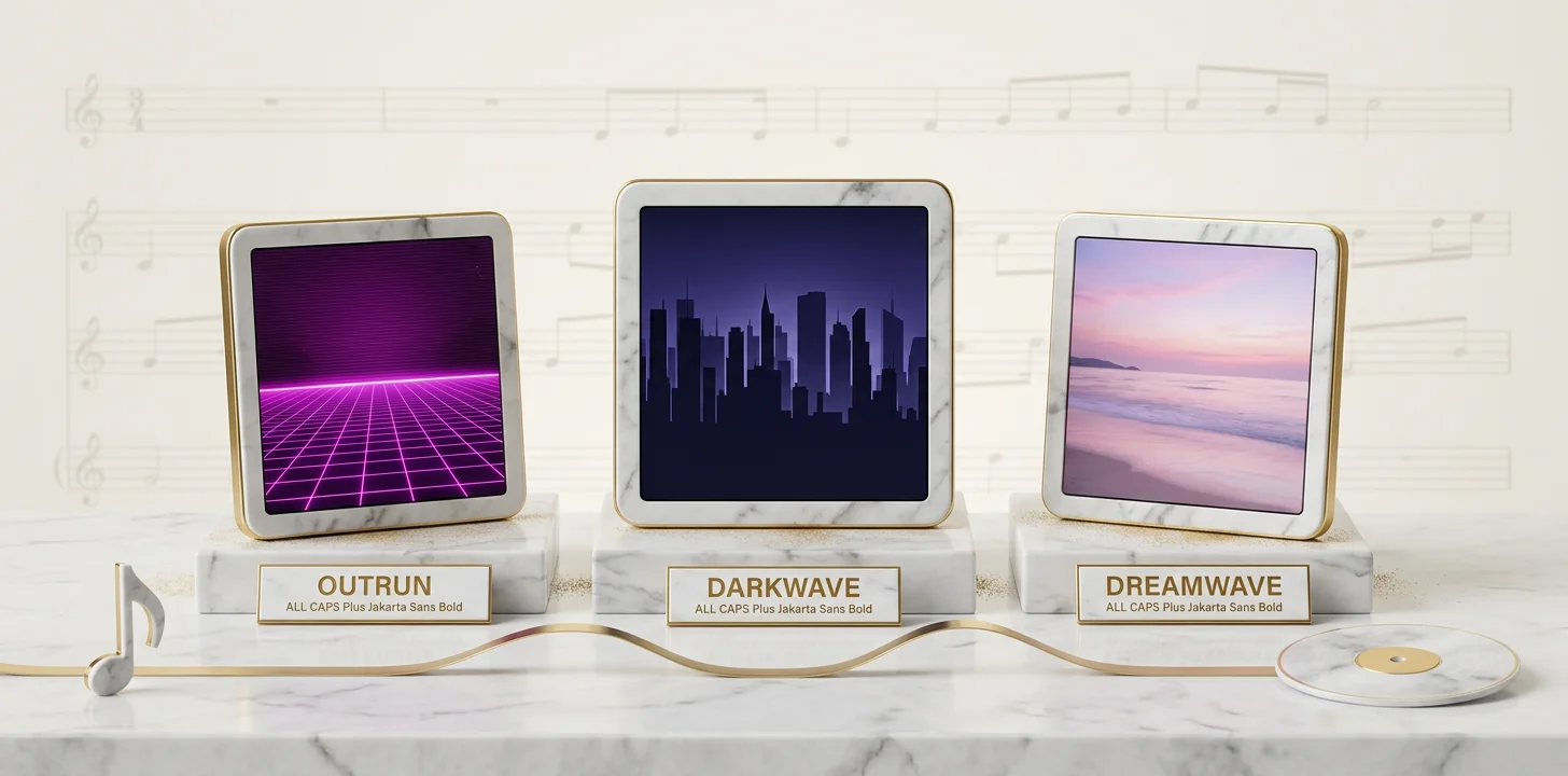 The four synthwave and retrowave music video sub-styles shown as restrained marble screen tiles