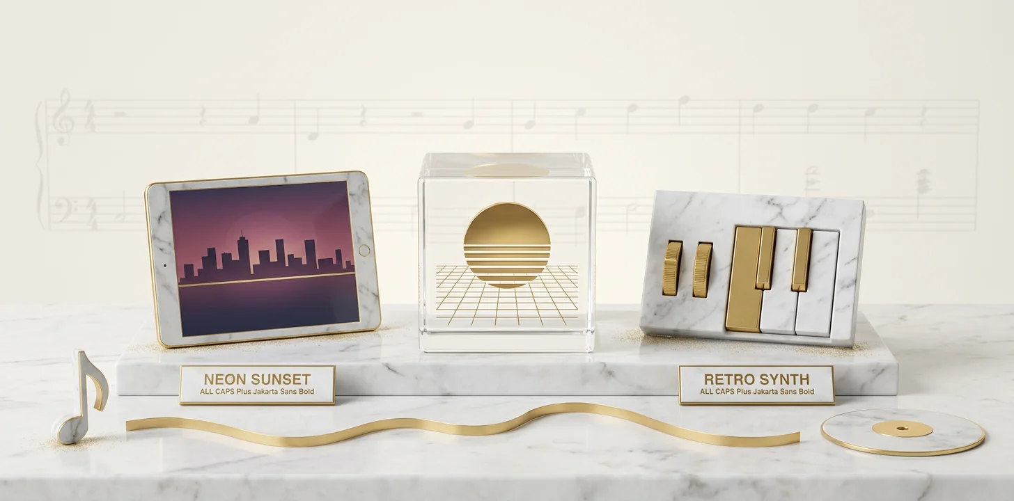 The synthwave music video visual language codes shown as a retro-future marble and gold diorama