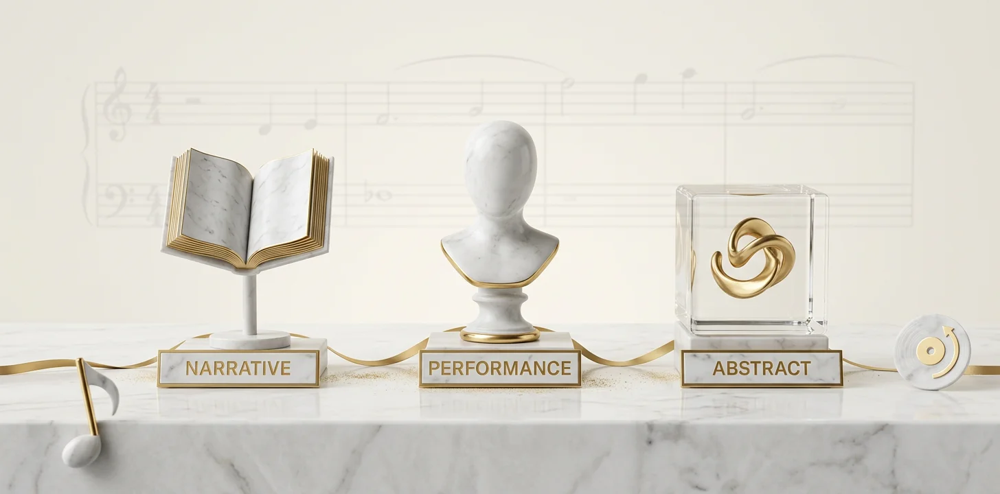 Comparison of narrative, performance, and abstract music video concept angles