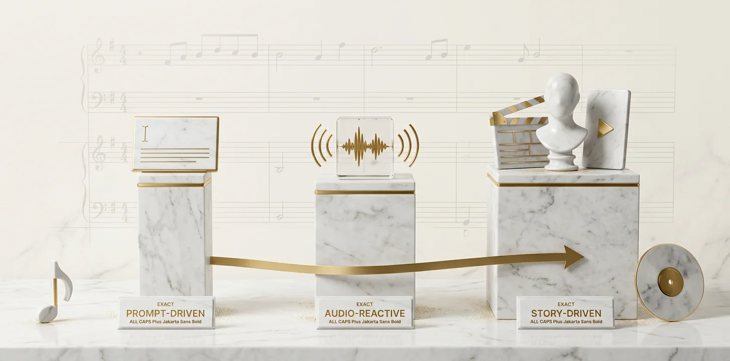 Three AI music video generator archetypes: prompt-driven, audio-reactive, and story-driven
