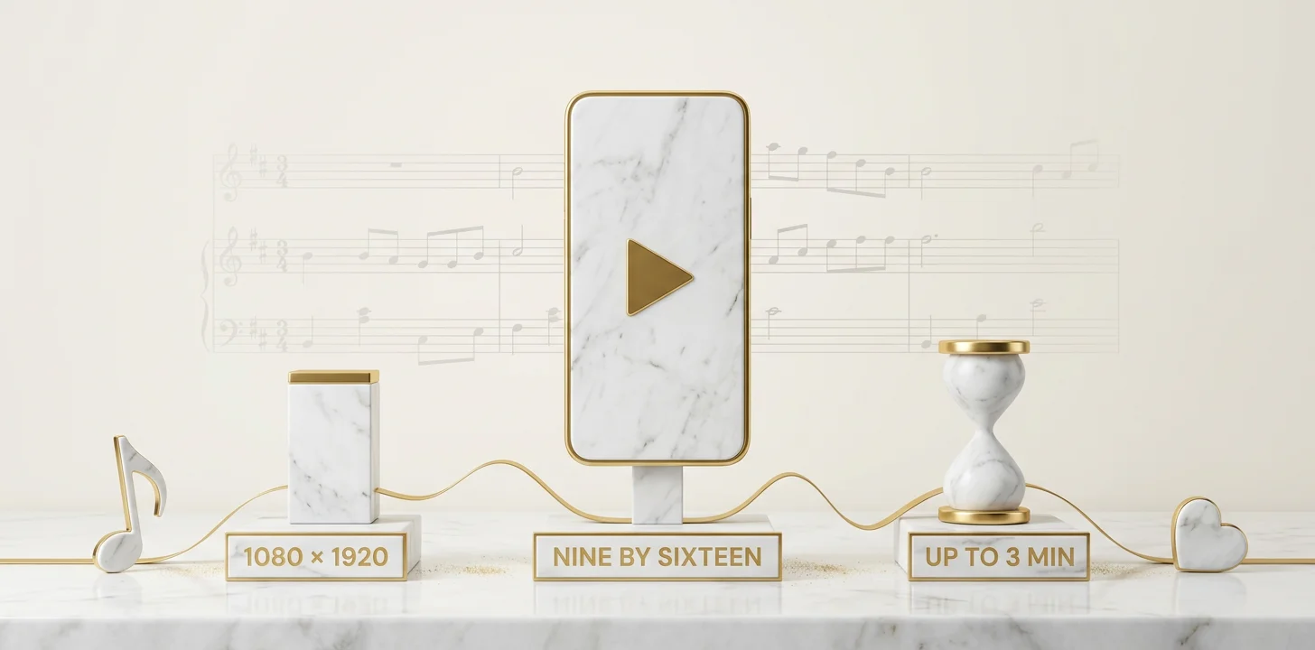 TikTok music video format specs shown as marble and gold plates for vertical ratio, resolution, and length