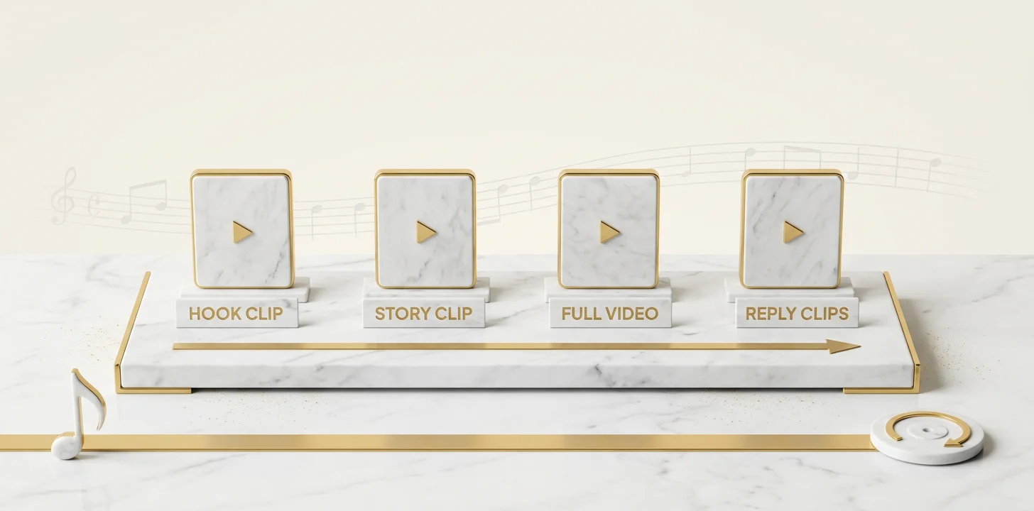 A repeatable TikTok release-week workflow as four marble-and-gold stations: hook clip, story clip, full video, reply clips