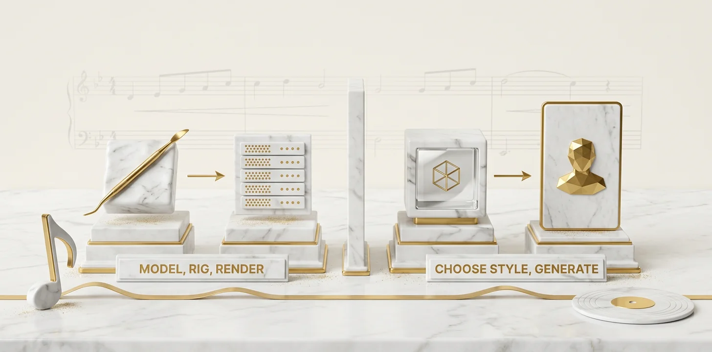 Traditional 3D modeling and render-farm pipeline compared against a style-driven AI generation pipeline for a 3d music video
