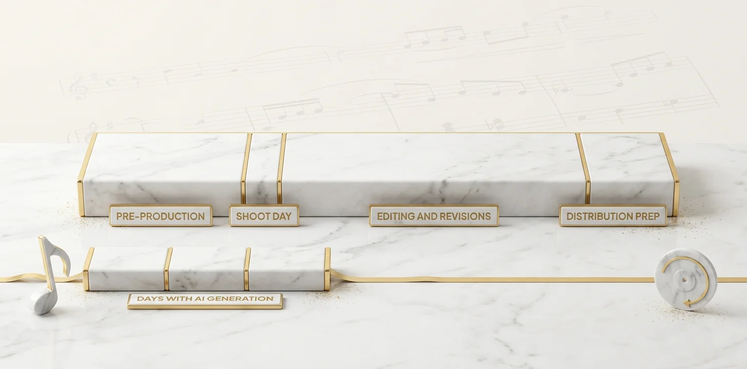 Gantt-style timeline comparing the traditional four-phase music video production schedule against the compressed AI generation schedule