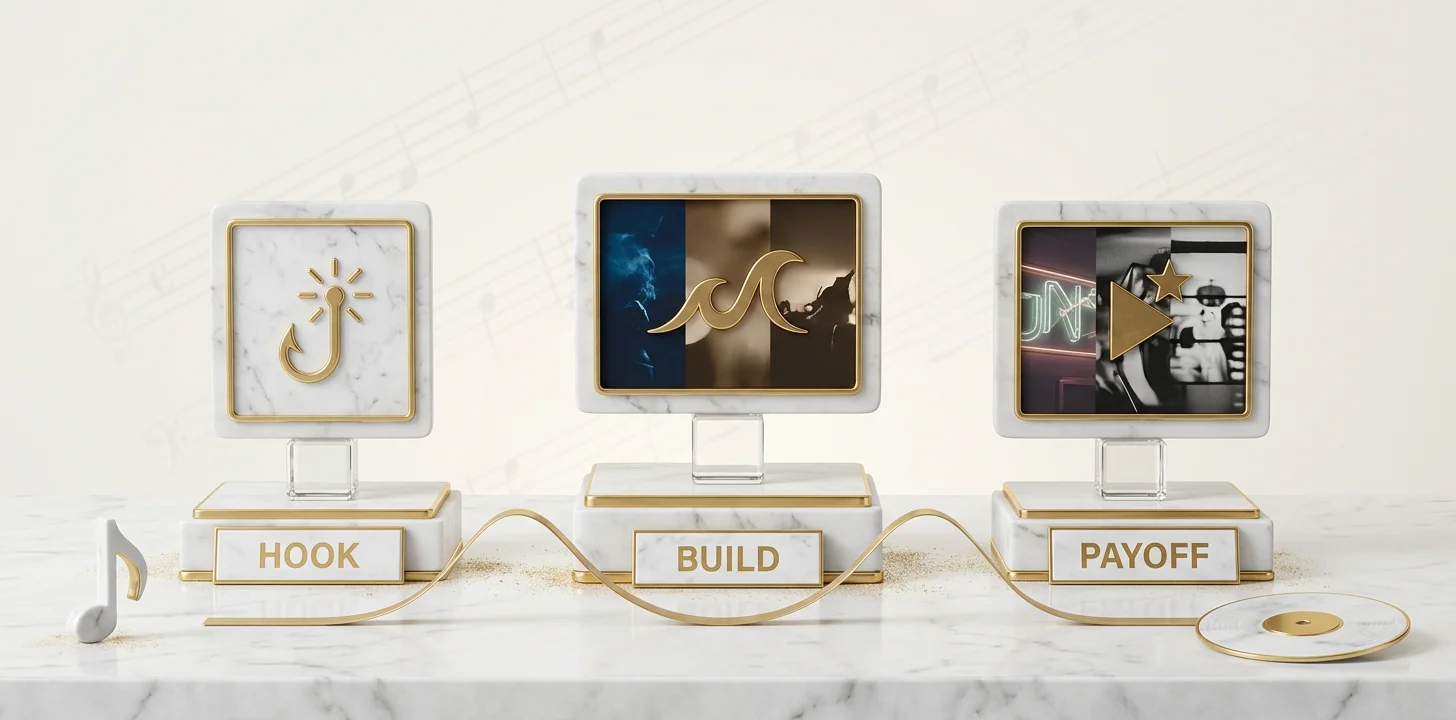 The music video trailer three section build shown as marble step pedestals