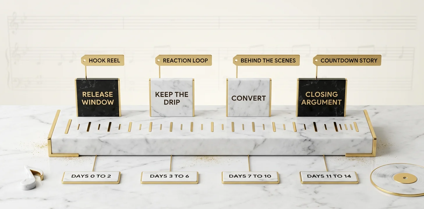 A two week post release calendar mapping the five promo formats across days zero through fourteen